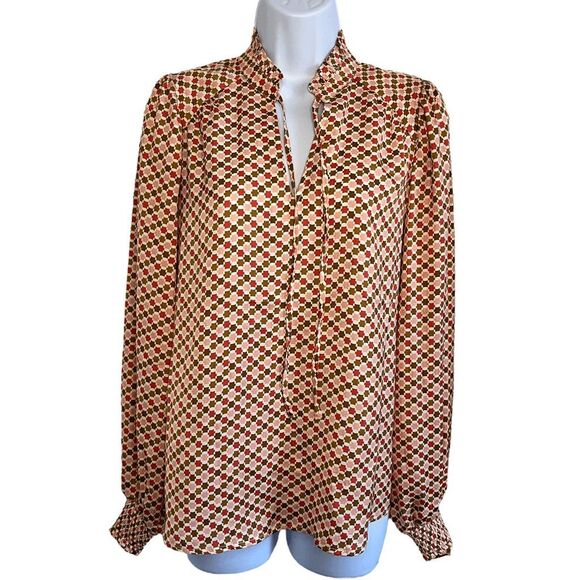 Maison d'Amélie Paris Blouse S Pink Geometric Print Long Sleeve Ruffle Cuffs NEW - Picture 1 of 8